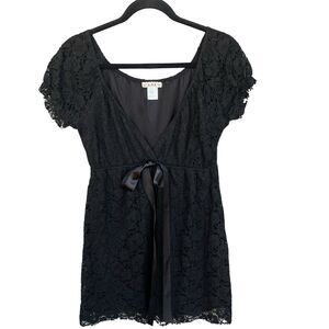 XXS Whimsigoth Mini Dress Womens Medium Black Lace Ribbon Bow Deep V-neck Dainty